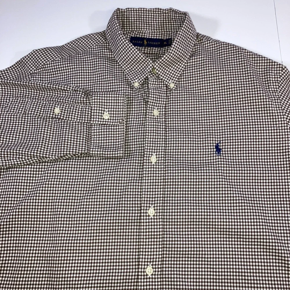 Polo‎ Ralph Lauren Shirt Mens XL Brown Gingham Check Button Down Cotton